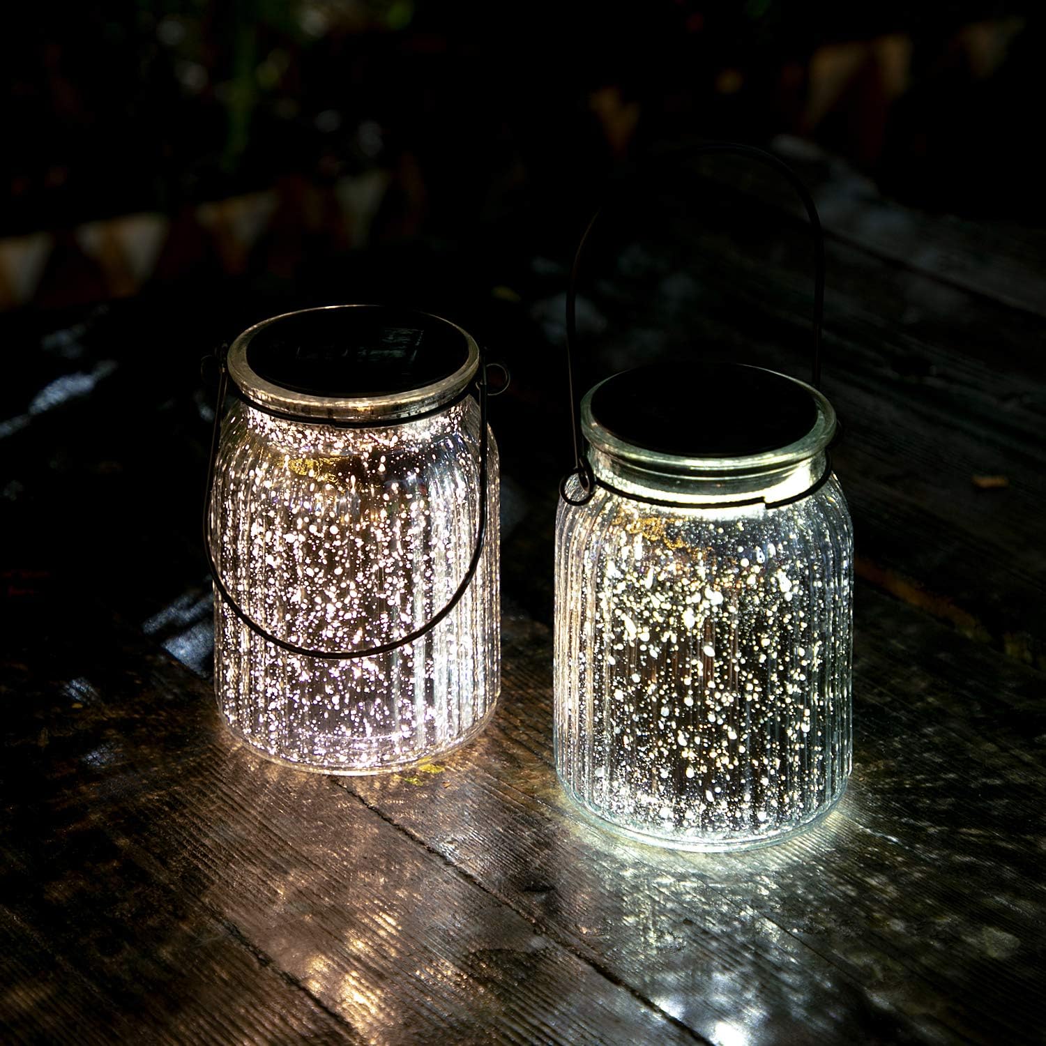 voona Hanging Solar Garden Lights Outdoor Patio Table Lamps Portable Mercury Glass Jars Solar Powered for Patio Lawn Backyard Landscaping Decor (Silver)