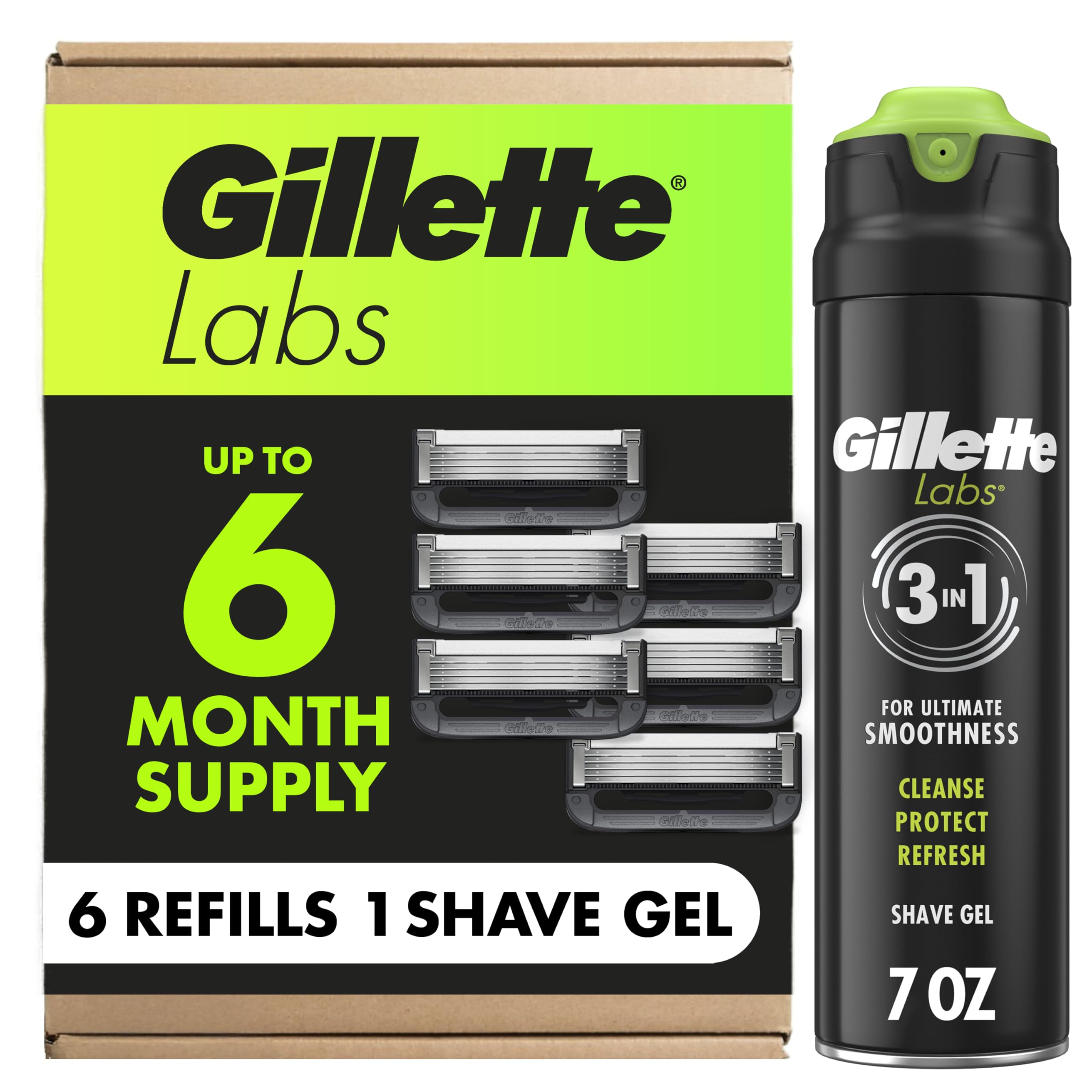 Gillette Labs with Exfoliating Bar Razor Refills for Men , 6 Razor Blade Refills and 7oz Rapid Foaming Shave Gel Image