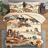Pamnest Comforter Set Full Size, West Horse Desert 7 Pcs Bedding for Kids and Adults, Vintage Western Cowboy Bed Sheet Sets with Fitted Sheet 2 Pillowcases & 2 Shams for Bedroom Bed Decor