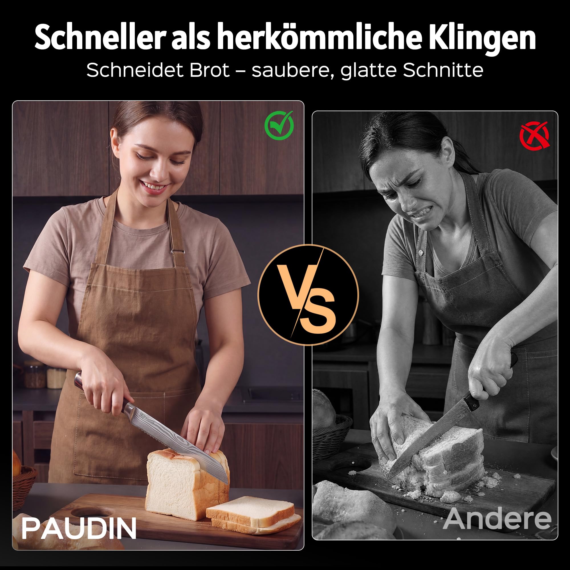 PAUDIN Brotmesser mit Wellenschliff 26 cm aus hochwertigem rostfreiem Edelstahl, extra scharfe Messerklinge mit ergonomischem Pakkaholzgriff 4