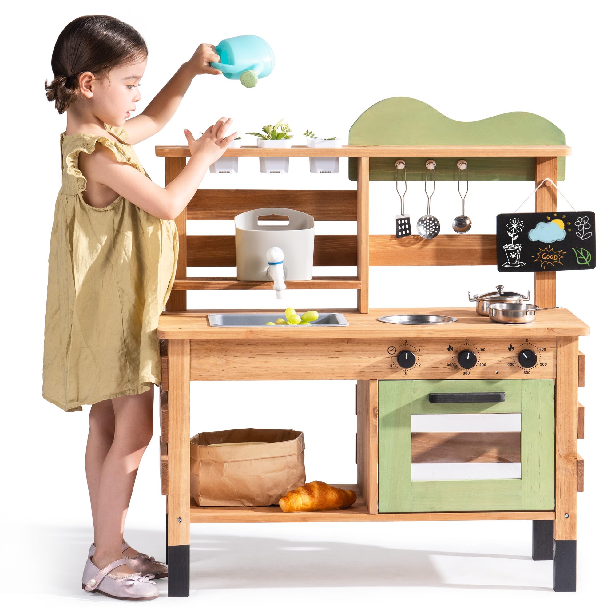 ROBUD Mud Kitchen for Kids, Wooden Play Kitchen Outdoor with Real Faucet, Removable Sink, Kettle, Planting Cup, Oven, Chalkboard, Kids Garden Toy Kitchen, Gifts Toys for Boys Girls Age 3+