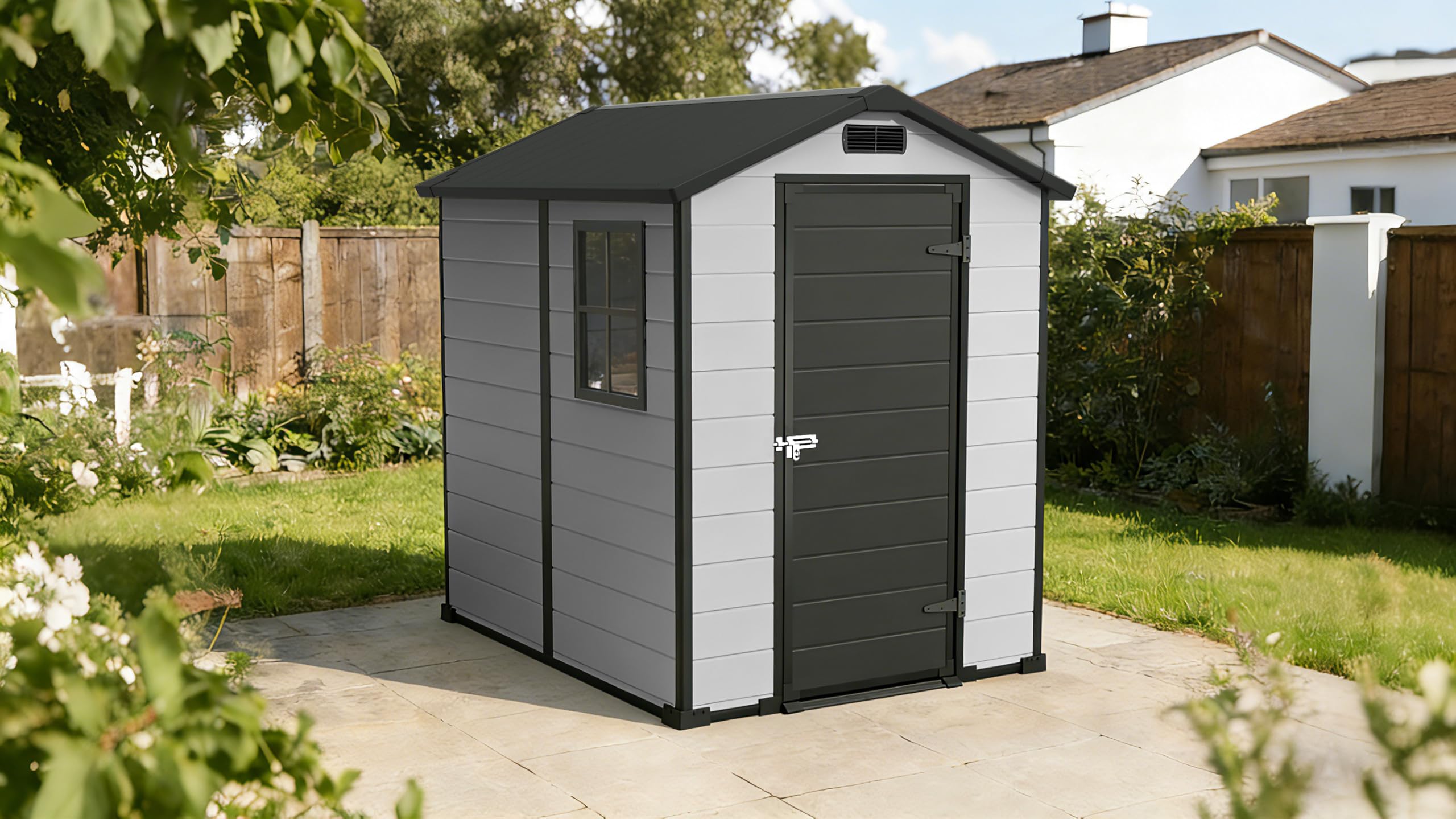 Photo 1 of 4x6 FT Outdoor Storage Shed, Large Waterproof Resin Garden Shed with Lockable Door Vents Window for Patio Lawn Mower Bike Tool Backyard Organization, Gray + Black