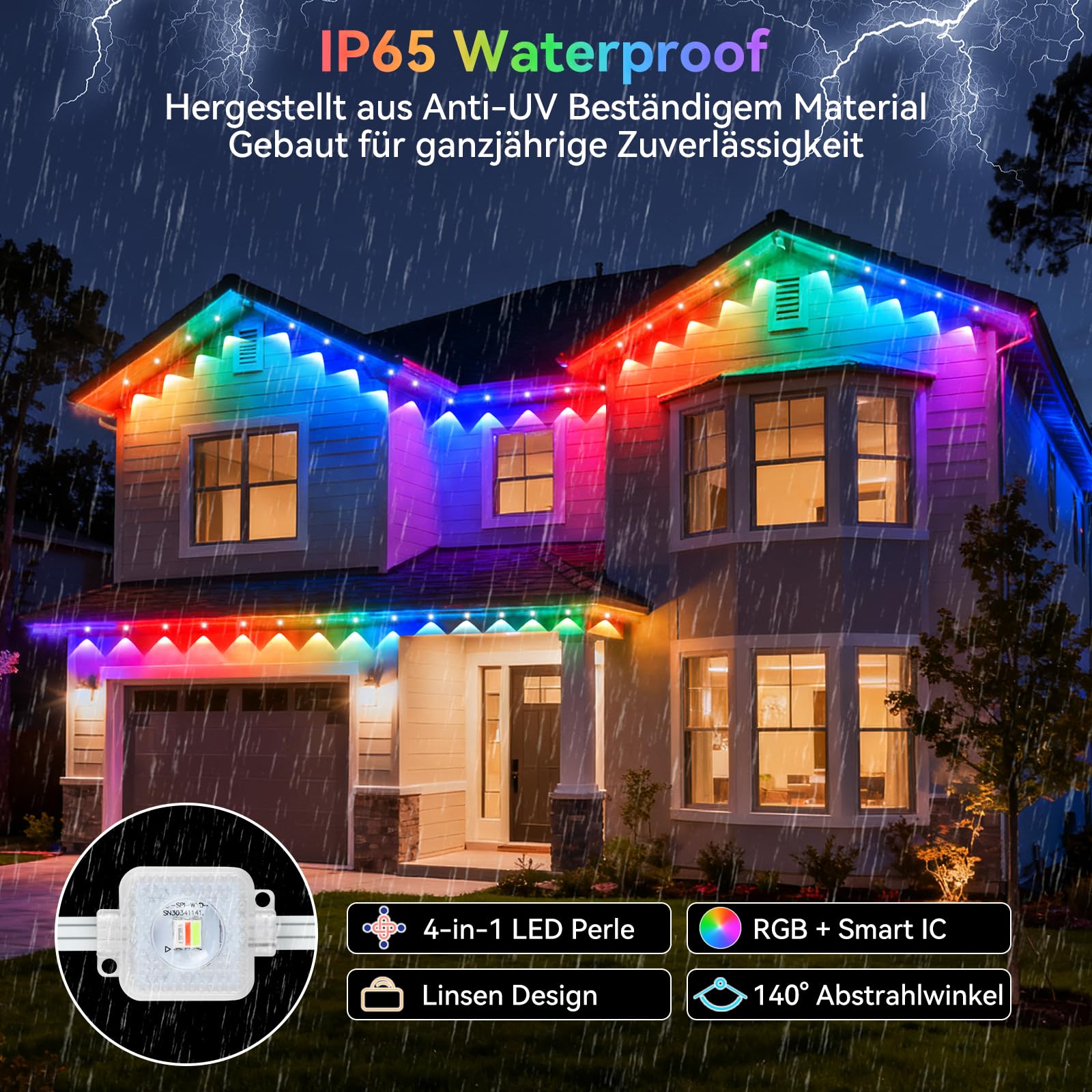 AVANLO Permanente Lichterkette Außen, 15M 30 LEDs RGBIC Outdoor Lichterkette Strom, Multimodus, APP & Fernsteuerung, IP65 Wasserdicht Trauflichter für Traufe, Dach, Balkon, Party Deko 4