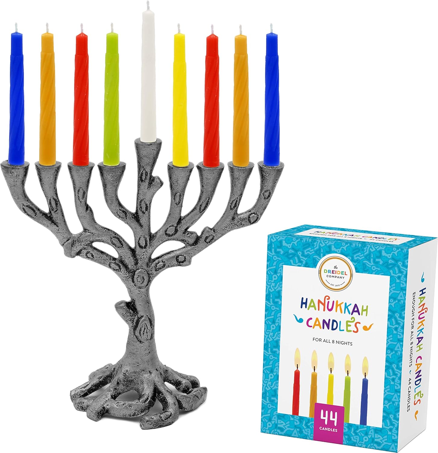 The Dreidel Company Menorah Tree Of Life Mini Pewter Colored Candles For All 8 Days Of Hanukkah Included Mini Tree Of Life Pewter Multicolor