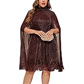 ZOMVA Plus Size Sparkly Cape Sleeve Short Dress High Neck Loose Fit Flowy Dresses Cocktail Party Dress