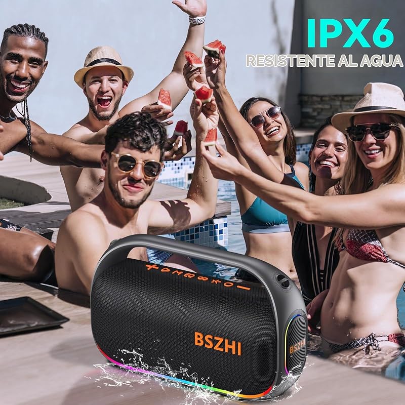 Coluna Bluetooth de 80W (120W de pico), potente, portátil, IPX6 à prova de água, sem fios, TWS, ao ar livre, para festas, viagens e campismo na praia, com luz, BT5.0, cartão USB/TF, AUX.