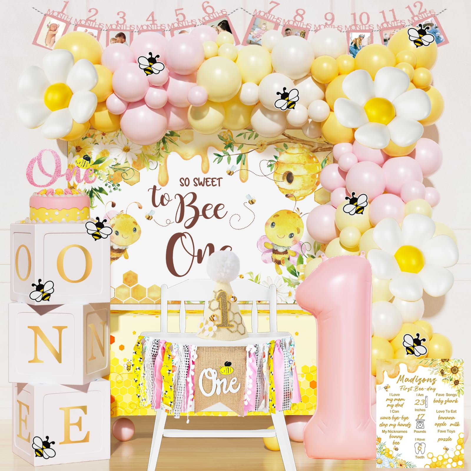 Photo 1 of Fiesec First Bee Day Decorations Girl – 108PCs Honey Bee Themed 1st Birthday Party Supplies with So Sweet to Bee One Backdrop, Banner, Pink Yellow Balloon Garland Kit, Tablecloth