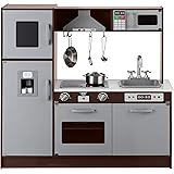 Amazon Basics Kids Wooden Upright Kitchen Playset with Interactive Doors, Knobs, and Lights, 39 x 11.8 x 38.6 Inches, Espress