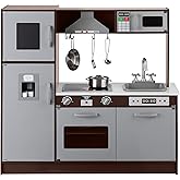 Amazon Basics Kids Upright Wooden Kitchen Toy Playset with Stove, Oven, Sink, Fridge and Accessories, for Toddlers, Preschoolers, Children Age 3+ Years, Espresso/Gray, 39x11.8x39''