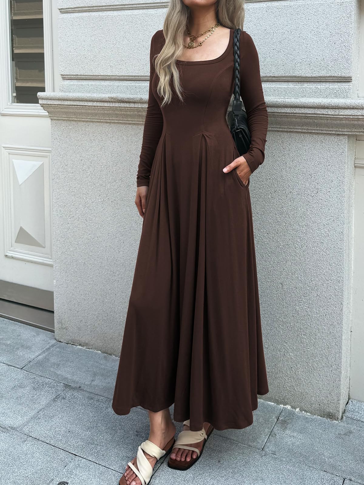 Mieazom Women Long Sleeve Square Neck Maxi Dress A-Line Pleated Flowy Elegant Party Cocktail Winter Fall Dresses with Pockets Brown S