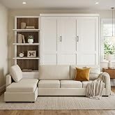 Harper &amp; Bright Designs Queen Murphy Bed with Sofa and Shelves, White | Space-saving sleeping solution with integrated seating and display shelving