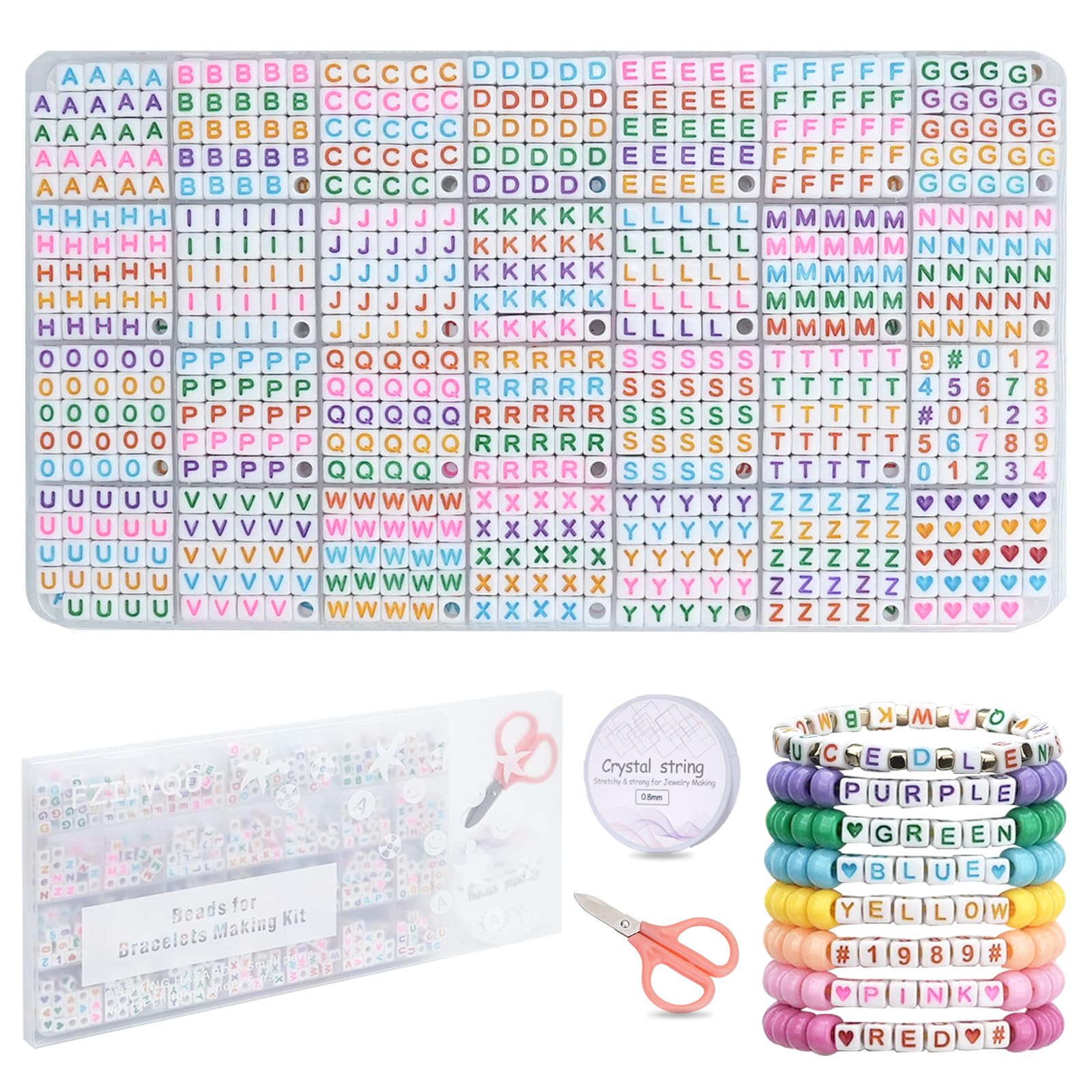 FZIIVQU 1120Pcs Square Letter Beads Kit, 6x6mm Colored Acrylic Alphabet Beads A-Z with Number Heart Bead for Jewelry Making, DIY Necklaces, Key Chains, Friendship Bracelets