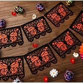 Janinka 92 Pcs Dia De Los Muertos Banner Monarch Butterfly, Black, Orange | Day of the Dead Hanging Flags, Papel Picado Die Cut, Fiesta Ofrenda Supplies, Mexican Party Decor, Halloween Decor