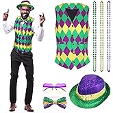 Sintege 7 Pcs Men's Mardi Gras Costume Accessories Mardi Gras Vest Hat Sequin Bow Tie Sunglasses Necklace for Carnival Cosplay Outfit for Masquerade, 1920 Retro Party, New Orleans Wedding
