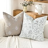 DWR Khaki Reversible Floral Linen Blend Farmhouse Decorative Throw Pillow Covers 20x20 Set of 2, Ultra Soft Accent Pillow for Couch Sofa Living Room, Cover ONLY