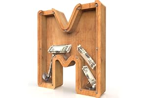 SULEVALT Piggy Bank for Kids Boys Girls, Large Personalized Wooden Letter Piggy Bank with Cut-Out Design, Alphabet Letter Coin Banks, Money Savings Box, Wooden Bank for Kids Creative Gift for Real-Money(M)