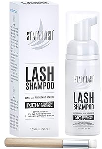 Eyelash Extension Shampoo Stacy Lash + Brush / 50ml / Eyelid Foaming Cleanser/Wash for Extensions and Natural Lashes/Paraben & Sulfate Free Safe Makeup & Mascara Remover/Professional & Self Use