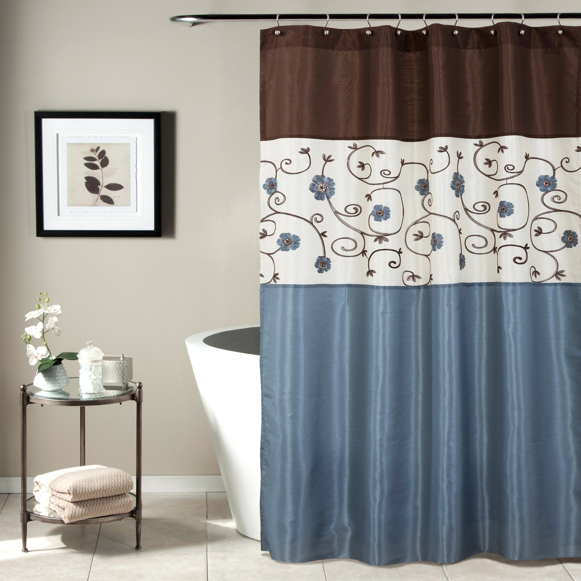 Lush Decor Blue Royal Garden Shower Curtain | Fabric Floral Color Block Stripe Neutral Bathroom Decor, 72" x 72"