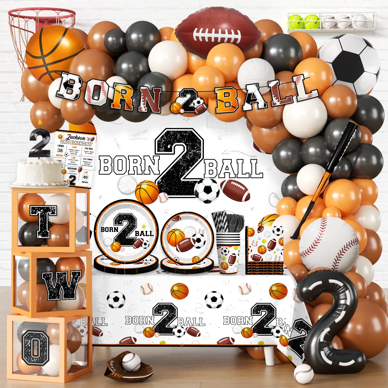 Photo 1 of 291 PCS Born 2 Ball Birthday Decorations, All-in-One Party Pack with Backdrop, Balloon, Plates and Napkins, for Ball Themed 2nd Birthday Party, Serves 25 Guests