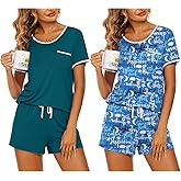 Ekouaer 2 Pack Womens Pajama Sets Lightweight Summer Pajamas Short Sleeve Pj Top with Shorts, Chest Pocket