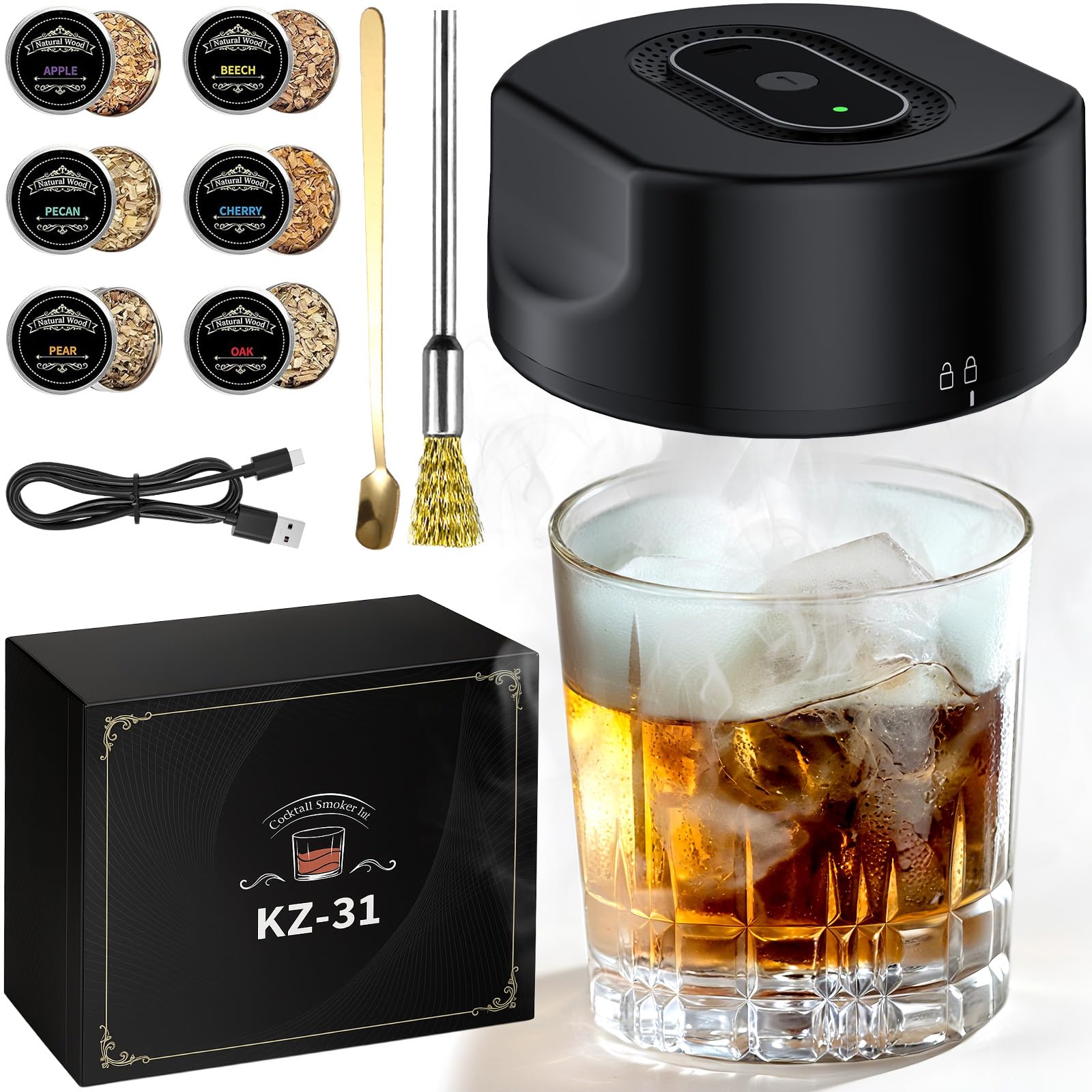 Electric Whiskey Smoker Kit with 6 Wood Chips - Enhance Your Drinks and Dishes with Rechargeable Cocktail Smoker Kit for a Delightful Smoky Finish Suitable for Mixologists and Culinary Enthusiasts