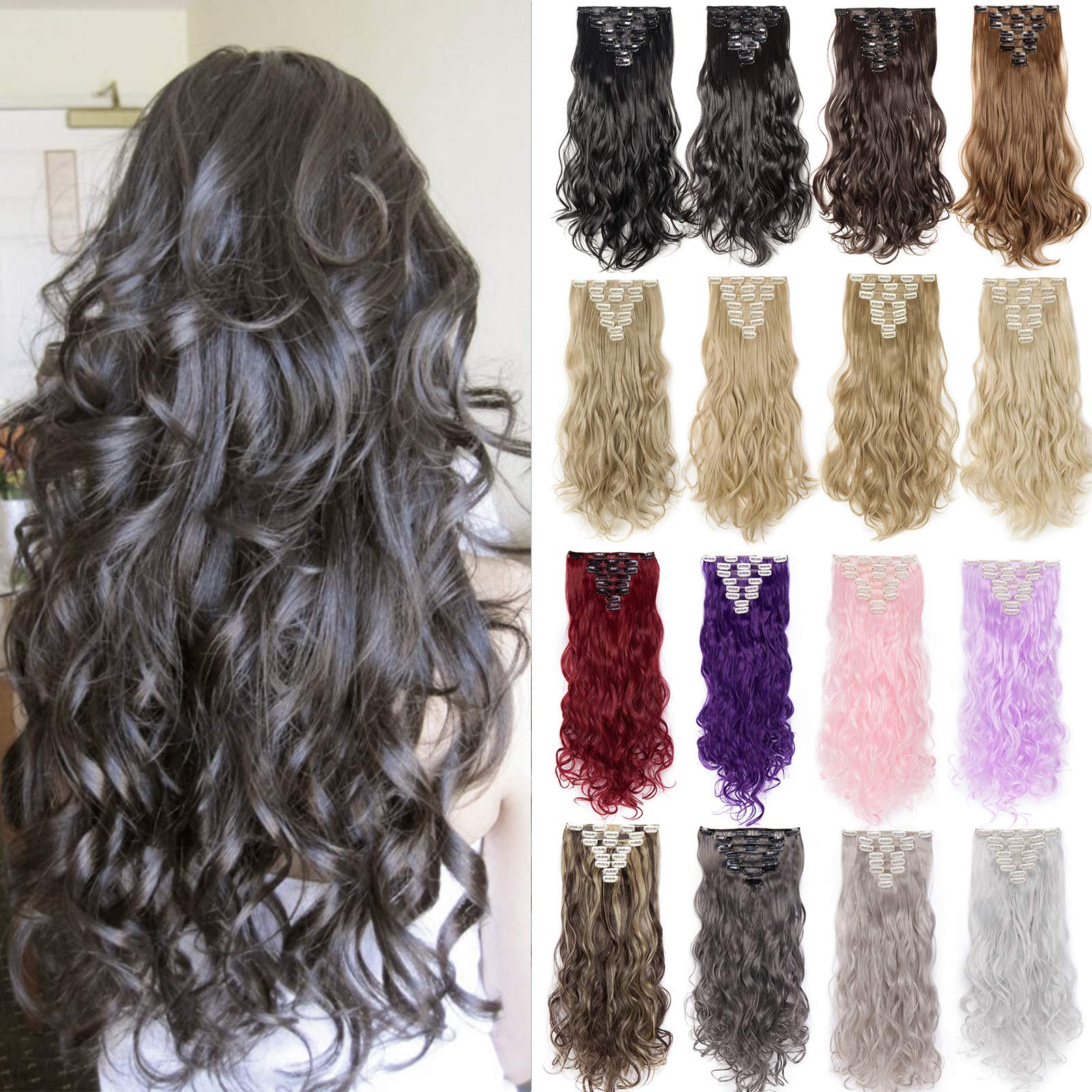 Clip in Hair Extensions 8Pcs Curly Wavy Clip on Synthetic Hair Extension Hairpieces for Women [17inch-140g; Jet Black]