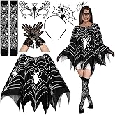 Newcotte 5 Pcs Women Halloween Spider Costume Accessory Spider Web Dress Poncho Cape Hair Hoop Stockings Lace Mask Choker