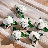 Meldel White Ivory Rose Prom Wrist Corsage for Wedding, Set of 6, Bridesmaid Bridal Hand Flowers Corsage for Prom, Wrist Flower for Wedding Ceremony Anniversary, Dinner Party, Rustic Vintage Wedding