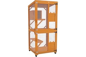 PawHut Wooden Catio with Waterproof Roof, Large Cat House with High-Up Resting Box, Indoor & Outdoor Cat Enclosure with Wheel