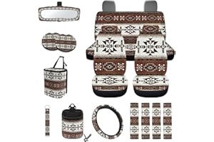Wanyint Aztec Southwest Brown 15 PCS Car Seat Covers Set for Men Women, with Steering Wheel Cover Seat Belt Pads Trash Bin Sunglass Pocket Rear View Mirror Protector Coasters Key Chain
