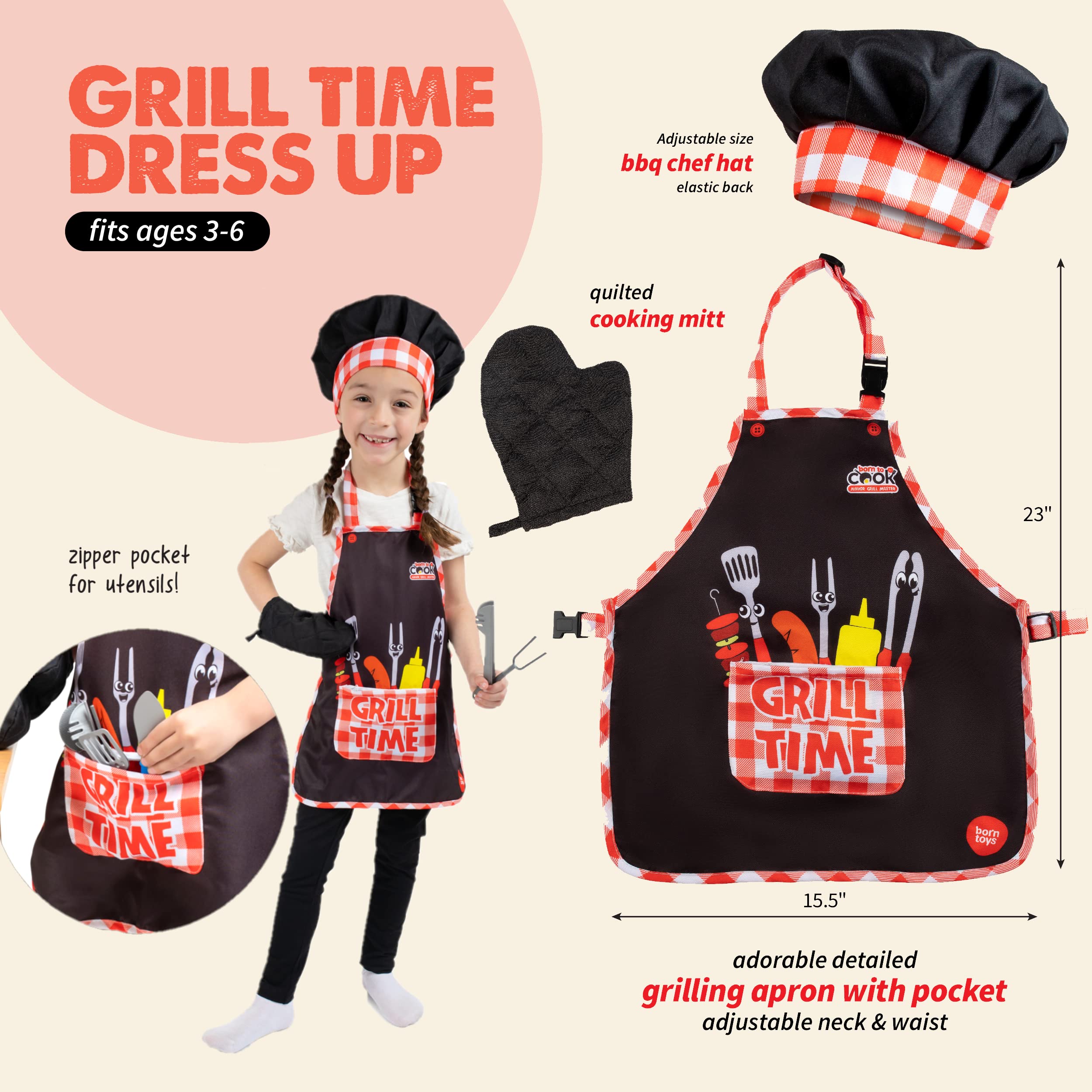 Born Toys Kids Grill Playset, Pretend Play BBQ Toys Kitchen and Baking Set, Interactive Chef Dress Up