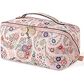 Aveniee Travel Makeup Bag for Women, Large Cosmetic Organizer with Open-Flat Design, Clear Divider & Handle - Waterproof PU Leather Toiletry Case (Floral Pattern)