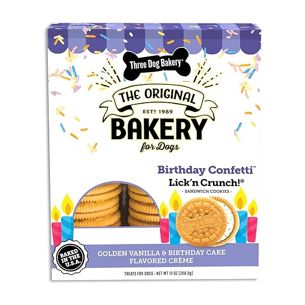 THREE DOG BAKERY BIRTHDAY CONFETTI LICK’N CRUNCH! – DOG FRIENDLY BIRTHDAY COOKIES, CAKE-FLAVORED DOG TREATS, CELEBRATORY COOKIE FOR PUPPIES