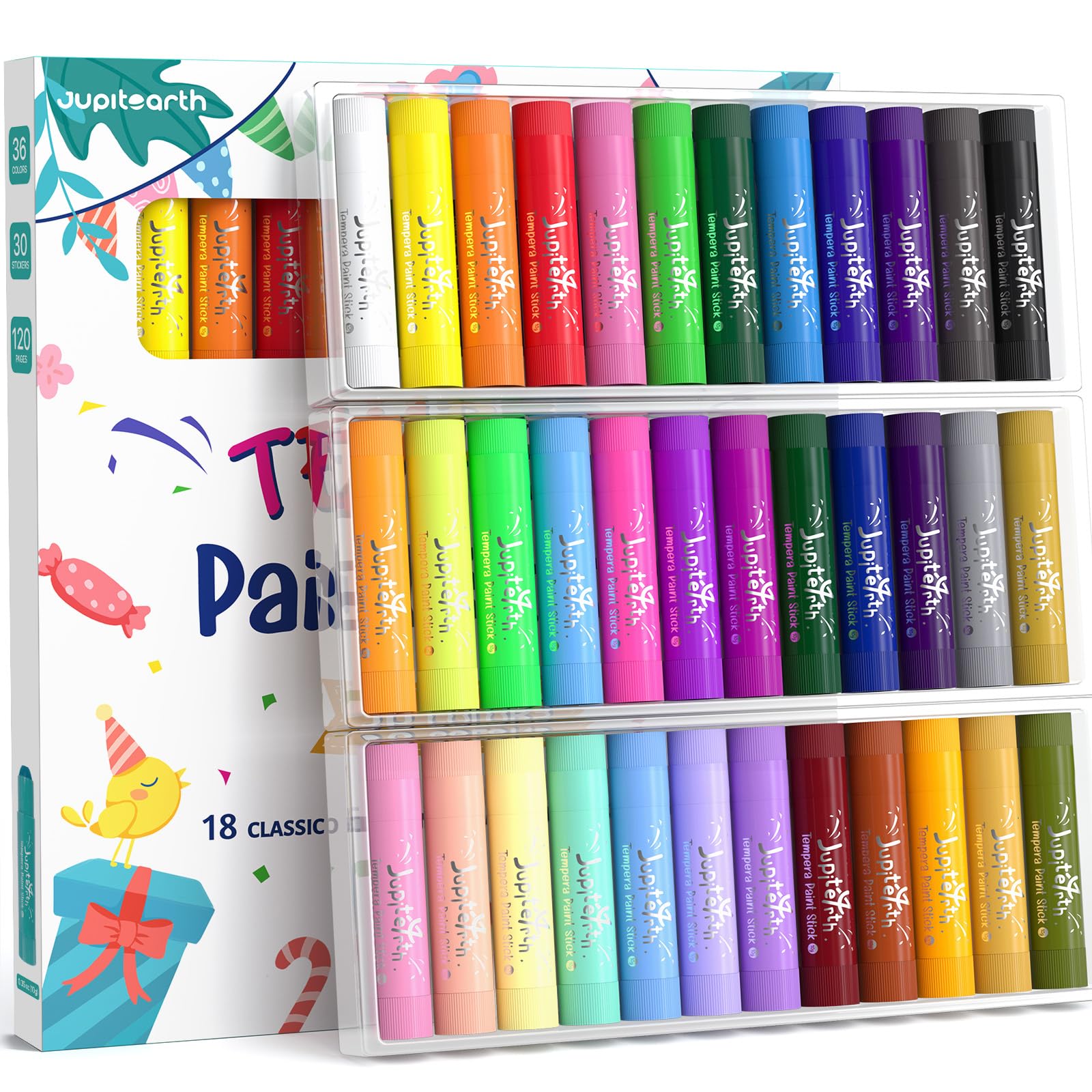 36 Colors Tempera Paint Sticks with 120 PDF Coloring Pages and 30 Stickers, Quick Drying, Smooth, Non-Toxic and Washable Paint Sticks for Kids, Art Supplies for Drawing on Various Objects