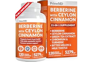PRIMEMD 21-in-1 Berberine Supplement with Ceylon Cinnamon with Chromium, Bitter Melon and Green Tea Extract and Black Pepper Extract 5X for Energy & Metabolism Support with 5279 mg (120 ct, Pack of 1)