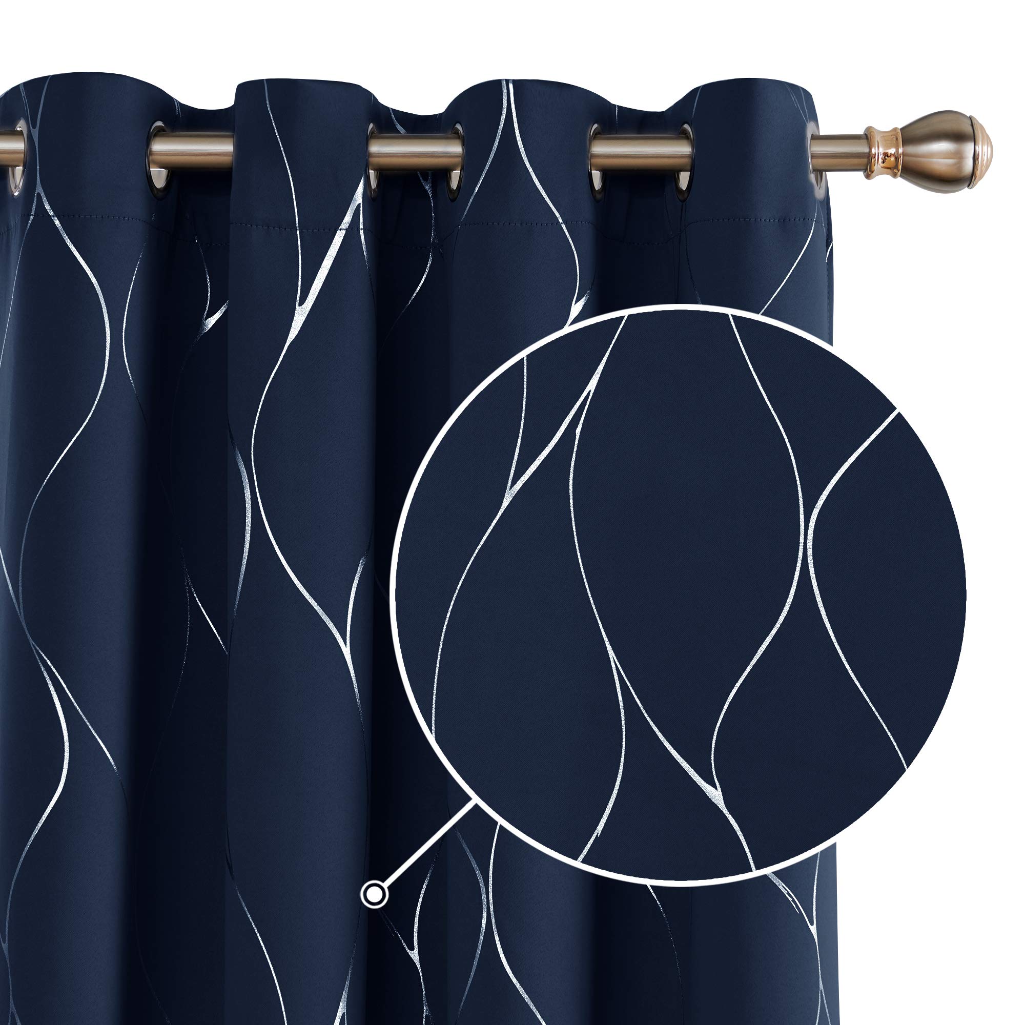 Deconovo Thermal Insulated Blackout Curtains - Silver Wave Line Foil Printed Eyelet Baby Nursery Curtains for Kids Bedroom - Navy Blue W55 x L95 One Pair