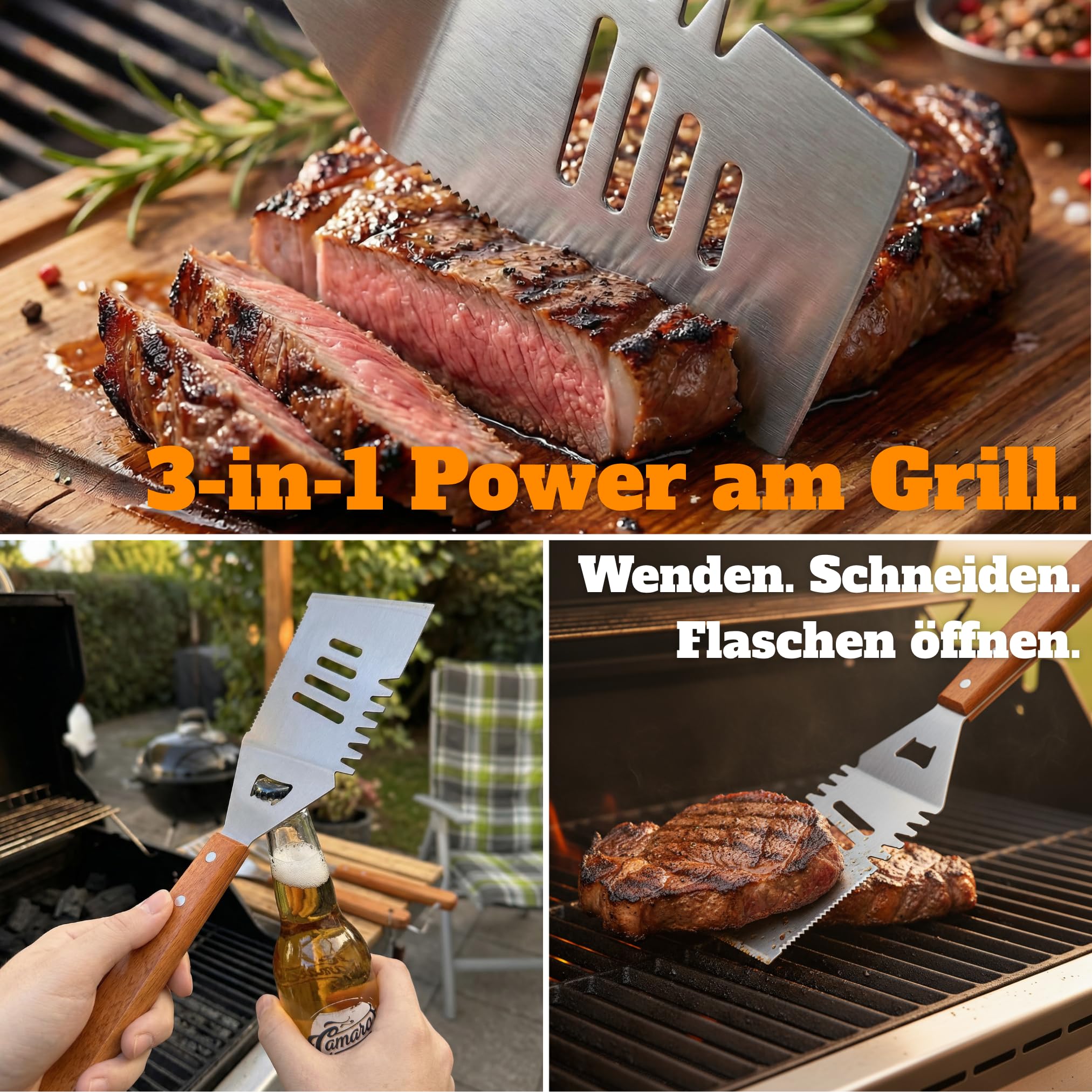 Grillset für Männer Geschenk - Premium Grill Set mit Ledertasche, Grillbesteck & Grillzubehör, Holzgriffe, 3 in 1 Wender mit Flaschenöffner und Schneidekante 3
