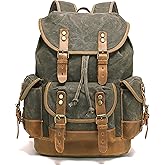 HuaChen Vintage Wax-Coated Canvas & Leather Backpack: Spacious Durable Rucksack for Men & Women, Perfect for Travel, Hiking, and College Life - M86 Army Green with Brown