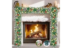 POIFL Christmas Garland, 9Ft Christmas Garland with Lights & Timer, 50LED Waterproof Battery Operated Lighted Garland Outdoor, Indoor Prelit Garland for Mantle, Stairs, Outside Christmas Decor Decorations