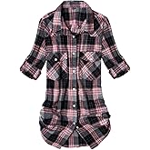 Alimens & Gentle Womens Flannel Shirt Long Sleeve Plaid Shacket Soft Casual Collared Loose Button Down Roll Up Blouses Tops