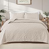 Exclusivo Mezcla Quilts King Size Bedspread with 2 Pillow Shams, Lightweight Brich Beige King Quilt Bedding Set with Vintage Damask Pattern, Soft Bedspreads Coverlets for All Seasons