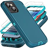 YKHJKLEC Military Grade 3 in 1 Heavy Duty Case for iPhone 13/14 - Shockproof, Drop Proof, Dust Proof With 2Pcs Tempered Glass Screen Protector (Blue/Turquoise)