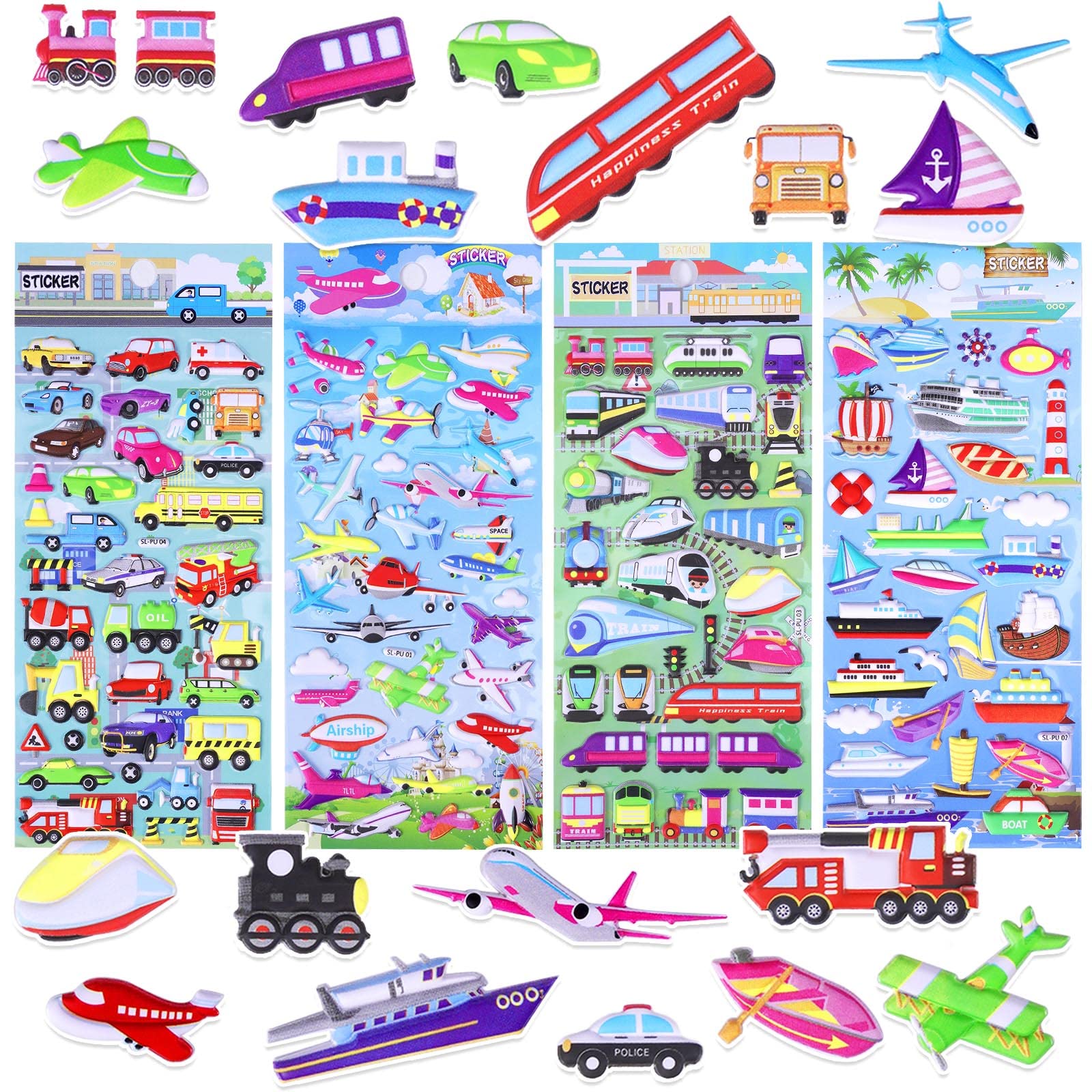 Airplane Train Car Boat 3D Puffy Stickers for Toddlers Kids - Small Transportation Vehicle Foam Sticker Sheets for Boys Children - Reusable & Removable,4 Pack.