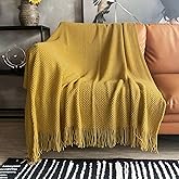 LOMAO Knitted Throw Blanket with Tassels Bubble Textured Lightweight Throws for Couch Cover Home Decor (Mustard Yellow, 50x60)