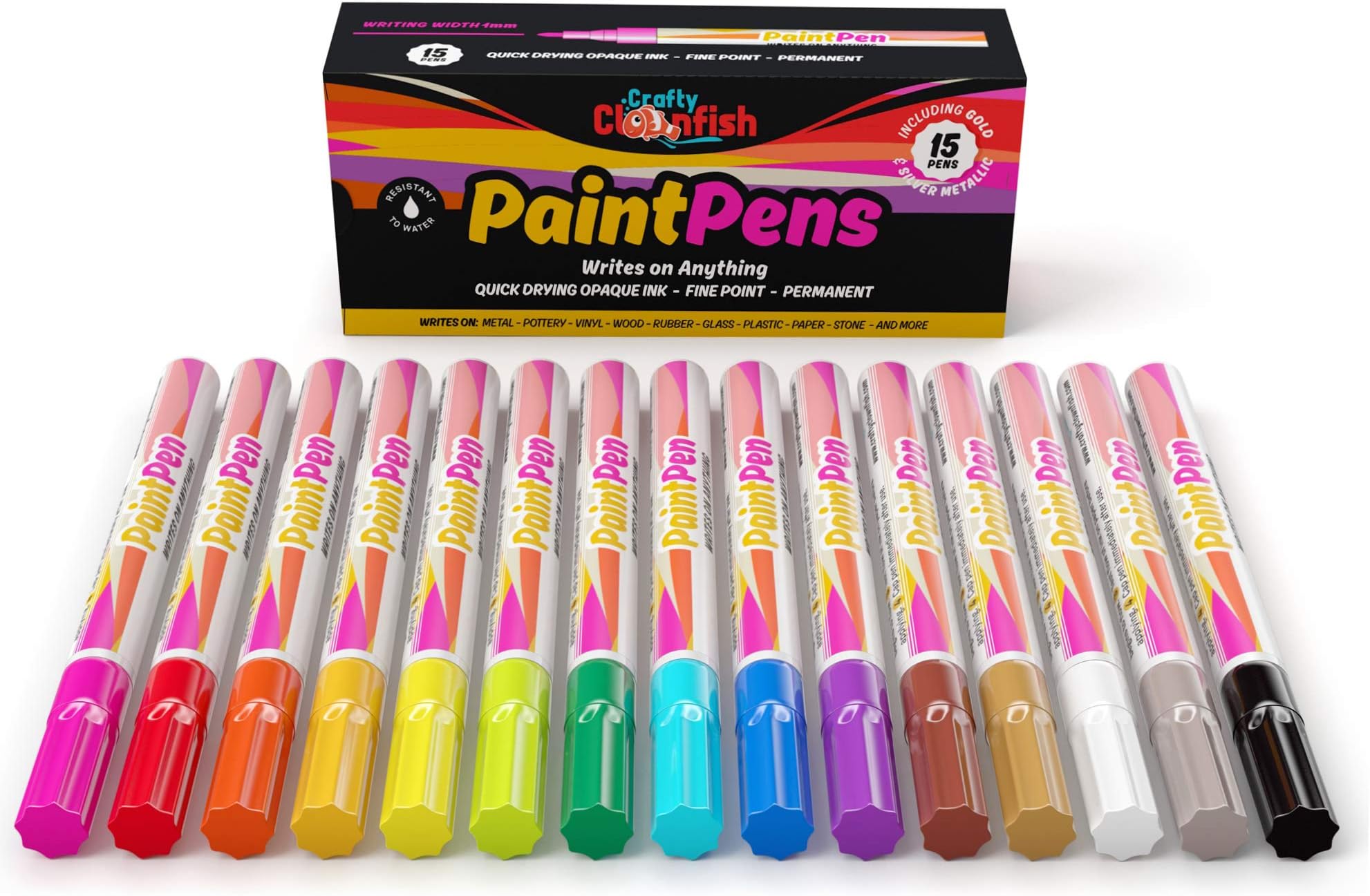 Paint Pens Markers Set of 15: Variety Of Shades With Gold, Silver and White. Fine Point Permanent Color Pens for Rocks, Wood, Glass, Plastic and Metal. Quick Dry, Water Resistant For Every Surface