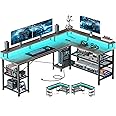 ODK 66" L Shaped Gaming Desk with Power Outlet and LED Lights, PC Gaming Table with USB Ports, Reversible L Shaped Desk with Storage Shelves & Monitor Stand, Home Office Desk, Grey Oak