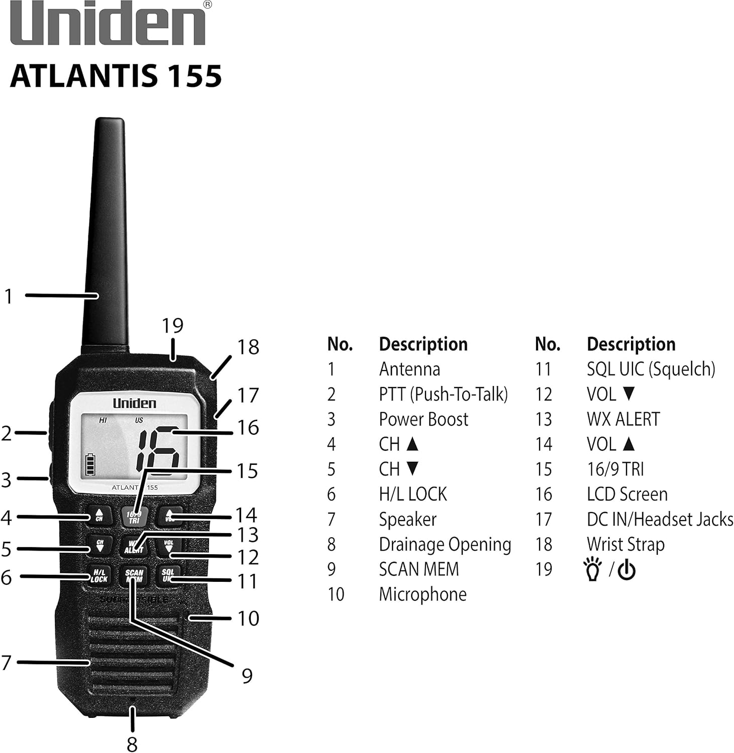 Uniden Atlantis 155 Handheld Two-Way VHF Marine Radio, Floating IPX7 Submersible Waterproof, Dual-Color Screen, All USA/International/Canadian Marine Channels, NOAA Weather Alert, 10 Hour Battery