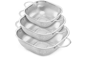 E-far 3 Pack Colander for Kitchen, Square Stainless Steel Metal Strainer Colander with Handle for Draining Food Pasta Vegetab