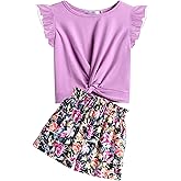 Arshiner Girls Shorts Sets 2 Pieces Outfits Twist Front Ruffle Sleeve T-Shirts and Shorts With Pockets Cute Clothes Sets