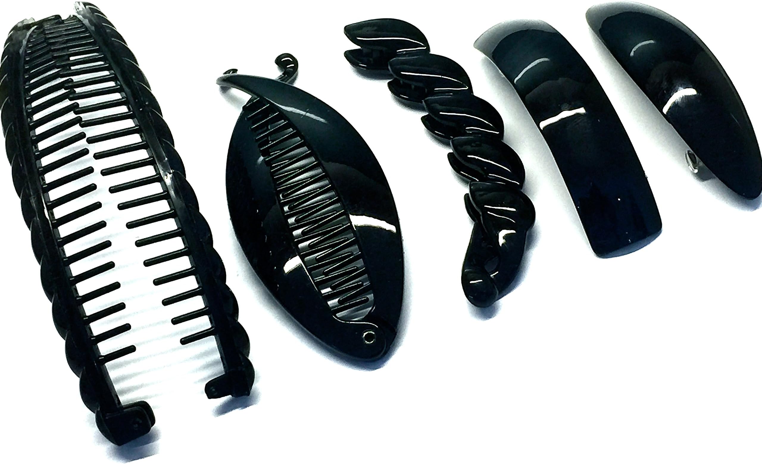 La Peach FashionsFive Piece Set Of Ladies Hair Styling Hair Accessory Large Banana Comb Fish Comb Twisted Banana Clip And Two Plain Barrettes Great Value Pack Of Quality Hair Clips (Black)